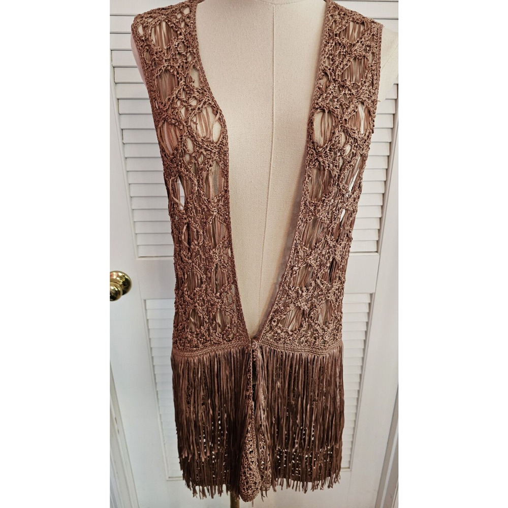 CHICOS LOOSE MACRAME FRINGE BOHO FLAPPER GOLD BROWN VEST SIZE 1 LADIES‎ SMALL